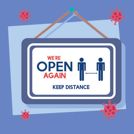 open again after quarantine, reopening of shop, service, we are open again, keep distance vector illustration designのイラスト素材