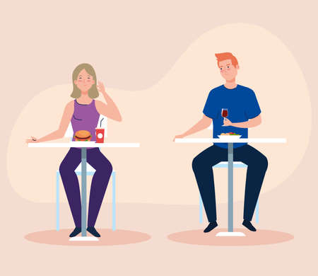 social distance in new concept restaurant , couple eating on tables, protection, prevention of coronavirus covid 19 vector illustration designのイラスト素材