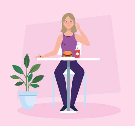 social distance in new concept restaurant, woman eating on table, protection, prevention of coronavirus covid 19 vector illustration designのイラスト素材