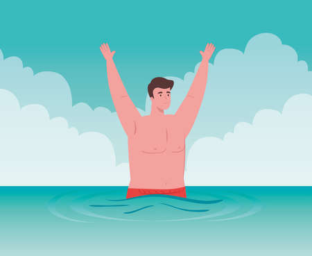 man in sea with hands up, happy guy in the beach, summer vacation season vector illustration designのイラスト素材