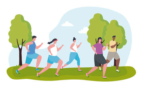 young people marathoners running sportive, women and men, run competition or marathon race poster, healthy lifestyle and sport vector illustration designのイラスト素材
