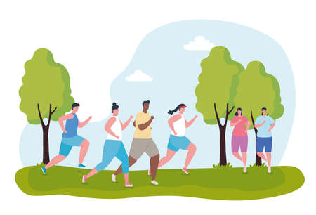 young people marathoners running sportive, women and men, run competition or marathon race poster, healthy lifestyle and sport vector illustration designのイラスト素材