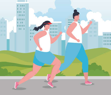 women marathoners running sportive, young female run competition or marathon race poster, healthy lifestyle and sport vector illustration designのイラスト素材