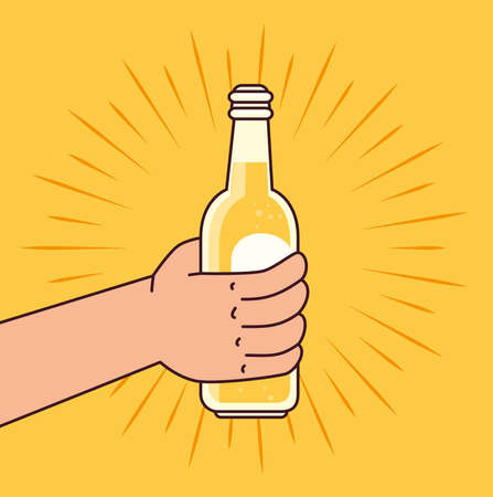 hand holding a beer bottle, on yellow background vector illustration designのイラスト素材