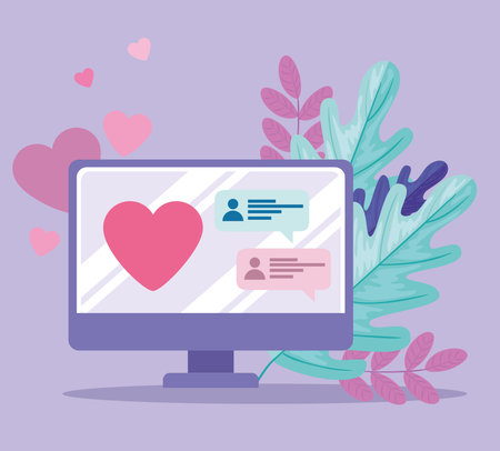 online dating service application, computer with heart, chat looking for couple, social media, virtual relationship communication concept vector illustration designのイラスト素材