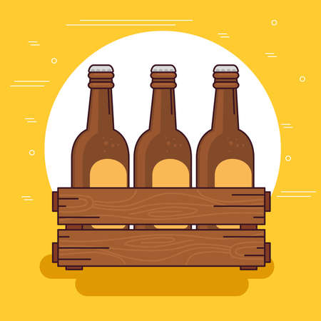 beers set in the wooden box, on yellow background vector illustration designのイラスト素材