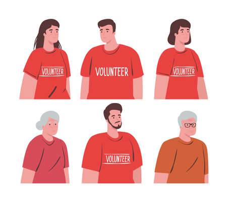 volunteers people with old couple, charity and social care donation concept vector illustration designのイラスト素材