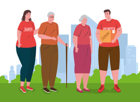 volunteers people with old couple, charity and social care donation concept vector illustration...