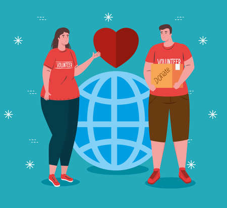 volunteer couple using red shirt with sphere and heart, charity and social care donation concept vector illustration designのイラスト素材