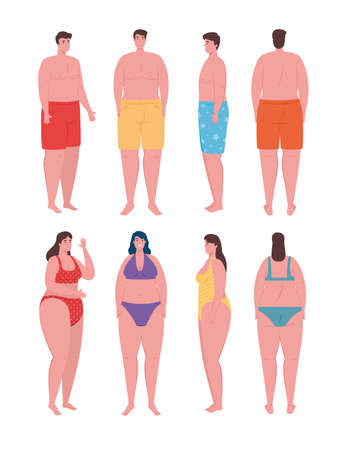 young people using swimsuit, women and men with swimsuit, summer vacation season vector illustration designのイラスト素材