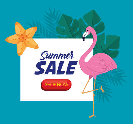 summer sale banner, season discount poster with flemish, tropical leaves and flower, invitation for shopping with summer sale shop now label, special offer card vector illustration designのイラスト素材