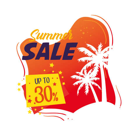 summer sale banner, season discount poster with palms silhouette, invitation for shopping with summer sale up to thirty percent, special offer card vector illustration designのイラスト素材