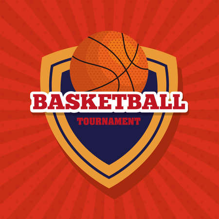basketball tournament, emblem, design with basketball ball, ball and shield vector illustrationのイラスト素材