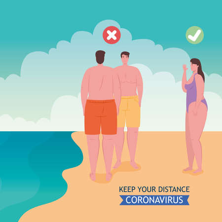 social distancing done in the wrong and correct way on the beach, people keep distance, new normal summer beach concept after coronavirus or covid 19 vector illustration designのイラスト素材