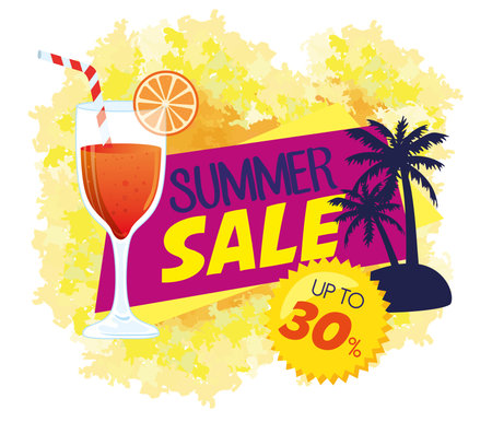 summer sale banner, season discount poster with palms silhouette, cocktail, invitation for shopping...