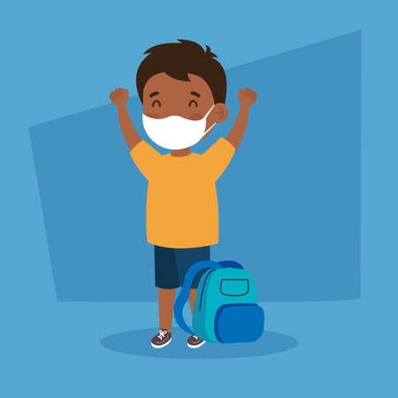 cute boy afro wearing medical mask to prevent coronavirus covid 19 with school bag, student boy afro wearing protective medical mask with school bag vector illustration designのイラスト素材