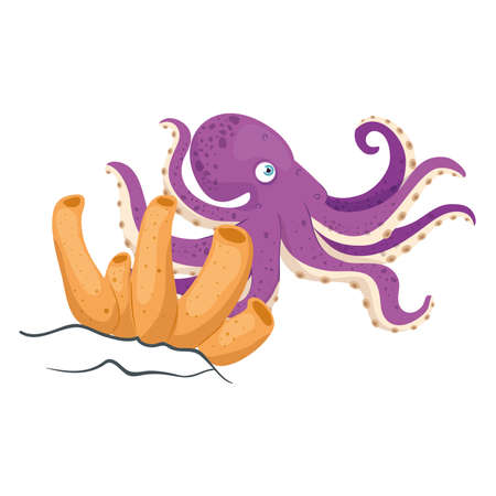 sea underwater life, octopus with coral on white background vector illustration designのイラスト素材
