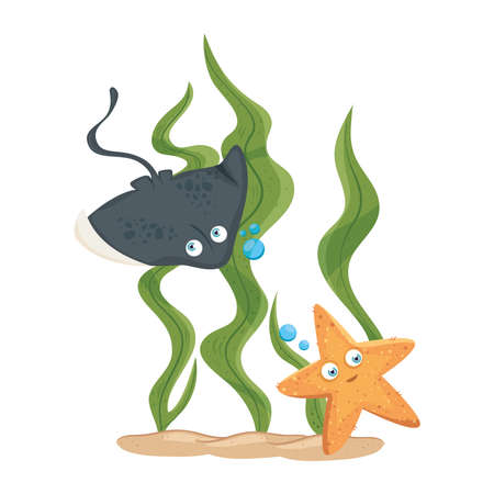 sea underwater life, stingray with starfish on white background vector illustration designのイラスト素材