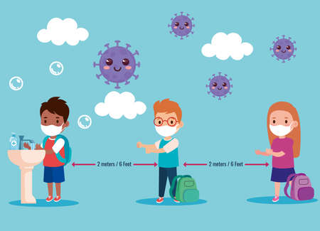 back to school for new normal lifestyle concept, kids wearing medical mask and social distancing protect coronavirus covid 19 vector illustration designのイラスト素材