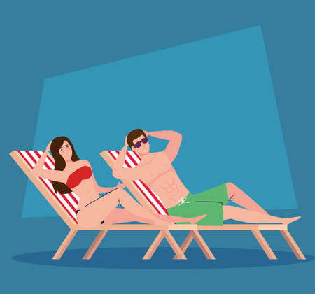 couple lying down on beach chairs, summer vacation season vector illustration designのイラスト素材