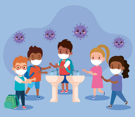 prevent covid 19, wearing medical mask, wash your hands, group children wearing protective mask, health care concept vector illustration designのイラスト素材