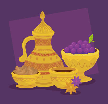 eid al adha celebration card with set golden jar and grapes vector illustration designのイラスト素材