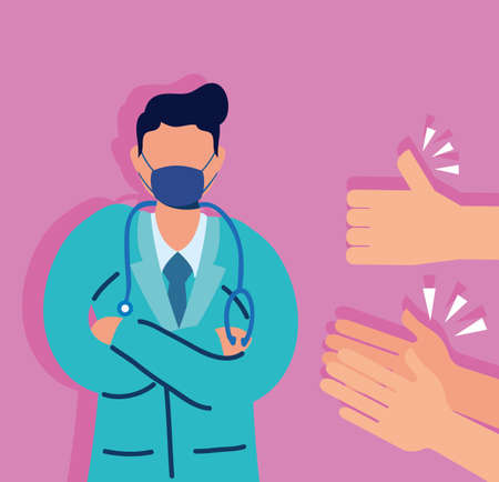 doctor with face mask and hands clapping vector illustration designのイラスト素材