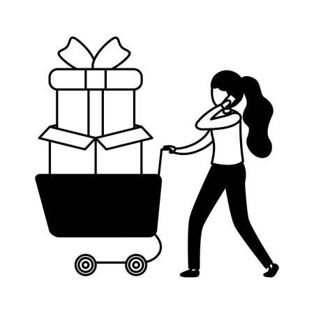 woman with smartphone and shopping cart vector illustration designのイラスト素材