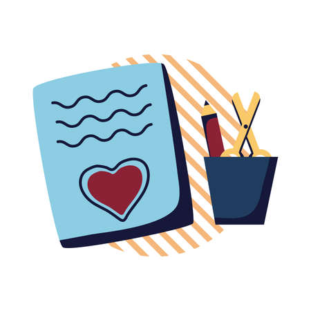 Heart on note scissor and pencil inside mug flat style icon design, Art creativity tool instrument painter draw school abstract and work theme Vector illustrationのイラスト素材