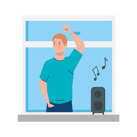 man having party on window, isolated icon vector illustration designのイラスト素材