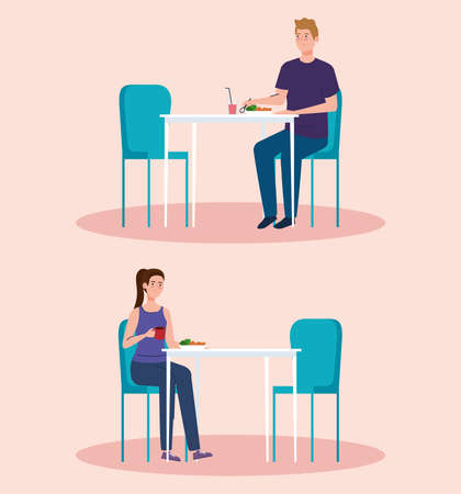 social distance in new concept restaurant , couple on tables, protection, prevention of coronavirus covid 19 vector illustration designのイラスト素材