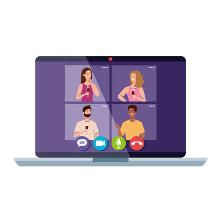 online party, meeting friends, people have online party together in quarantine, party web camera online holiday in laptop vector illustration designのイラスト素材