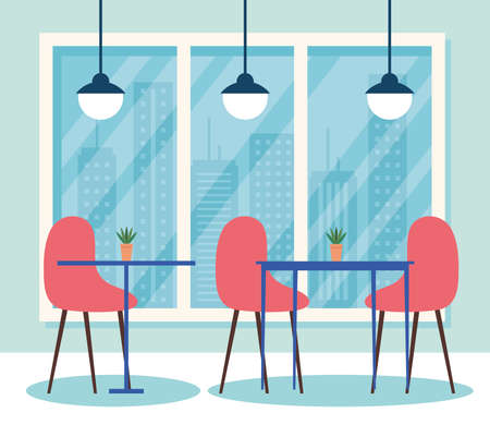 restaurant interior scene, tables with chairs furniture and lamps hanging vector illustration designのイラスト素材