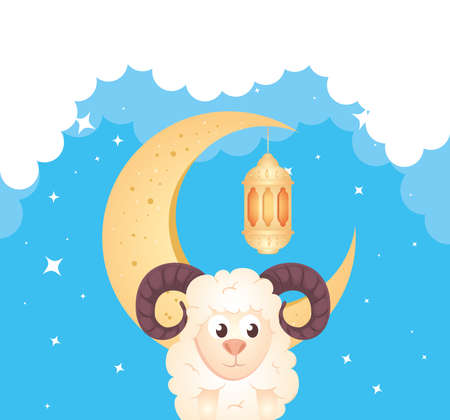 eid al adha mubarak, happy sacrifice feast, goat with moon and lantern hanging vector illustration designのイラスト素材