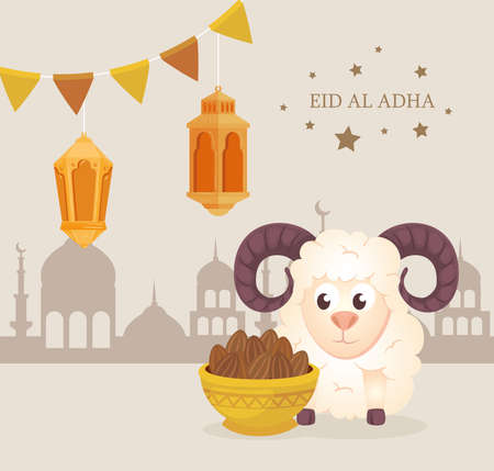 eid al adha mubarak, happy sacrifice feast, goat with traditional icons and garlands hanging vector illustration designのイラスト素材