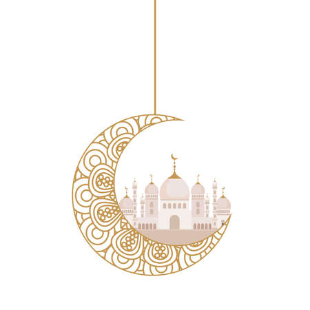 eid celebration ornament on white background, moon with mosque hanging vector illustration designのイラスト素材