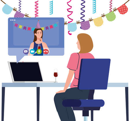 online party, women have online party together in quarantine, video conference, party web camera online holiday vector illustration designのイラスト素材