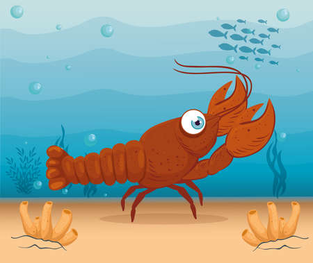 lobster marine animal in ocean, seaworld dweller, cute underwater creature, undersea fauna vector illustration designのイラスト素材