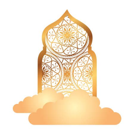 islamic arch with clouds golden, arabic ornamental traditional muslim vector illustration designのイラスト素材