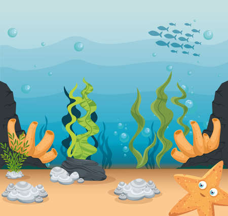 xxx and wild marine animals in ocean, sea world dwellers, cute underwater creatures, undersea fauna of tropic vector illustration designのイラスト素材