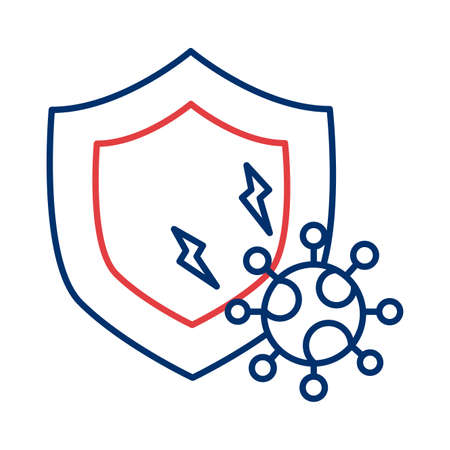 shield with covid 19 particle line style icon vector illustration designのイラスト素材