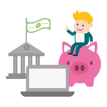 businessman laptop piggy and bank money online payment vector illustrationのイラスト素材