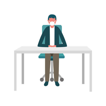 Man with mask on desk design of medical care and covid 19 virus theme Vector illustrationのイラスト素材