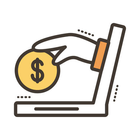 hand with coin dollar in laptop line and fill style vector illustration designのイラスト素材