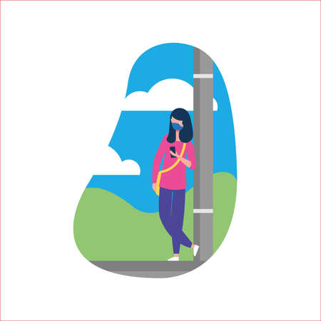 woman with mask at lamppost design of medical care and covid 19 virus theme Vector illustrationのイラスト素材