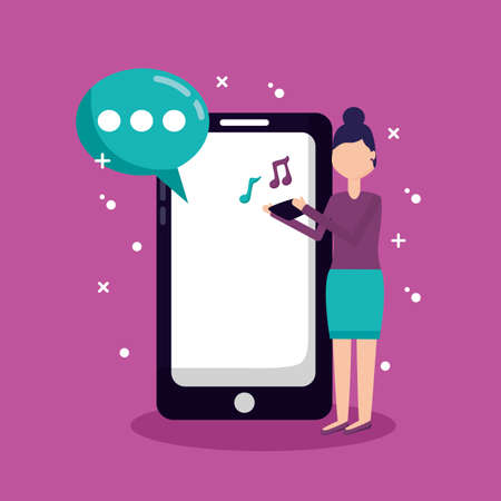 woman using mobile music social media vector illustrationのイラスト素材