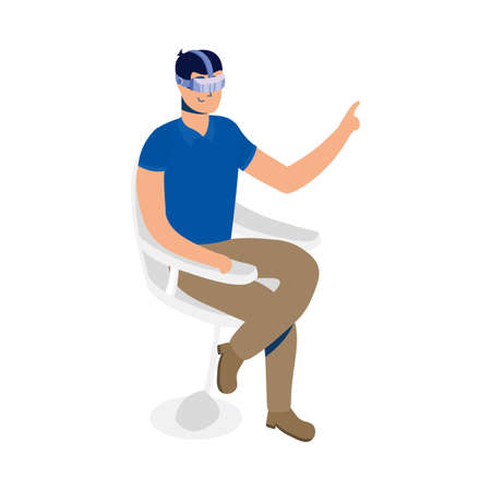 young man using reality virtual tech in chair vector illustration designのイラスト素材