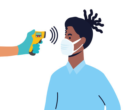 check temperature with laser thermometer to afro male patient vector illustration design