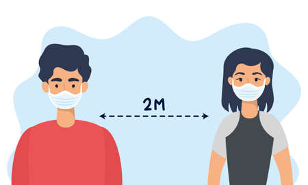couple using face masks with social distancing for covid19 vector illustration designのイラスト素材