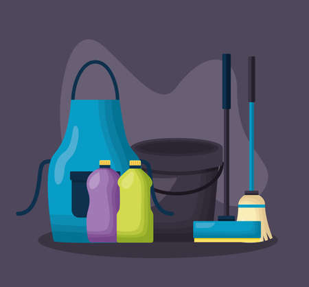 bucket apron broom bottles squeegee spring cleaning tools vector illustrationのイラスト素材